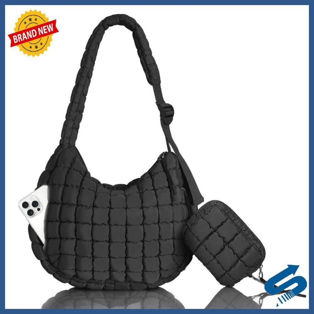 Quilted Puffer Tote Bag with Adjustable Strap & Detachable Pouch
